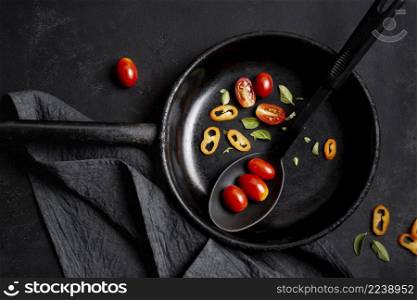 top view slices tomatoes chilli pepper frying pan