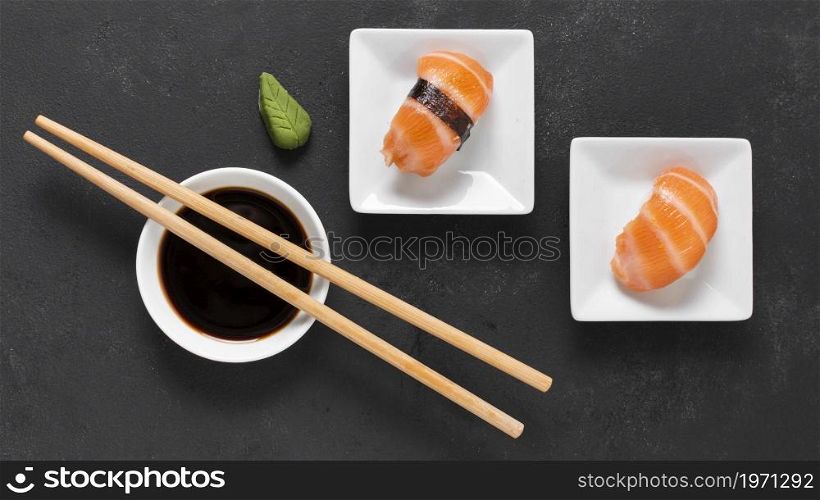 top view small plates with sushi. High resolution photo. top view small plates with sushi. High quality photo