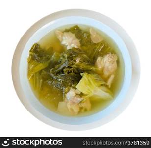 top view soup with pork and pickled vegetables in bowl on white background