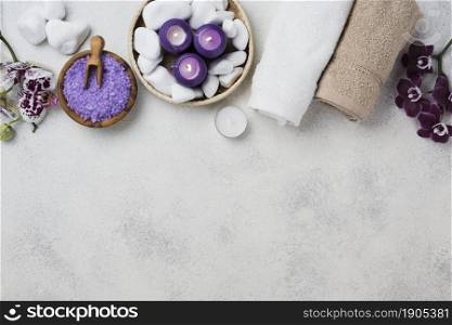 top view spa towels candles with copy space. Beautiful photo. top view spa towels candles with copy space