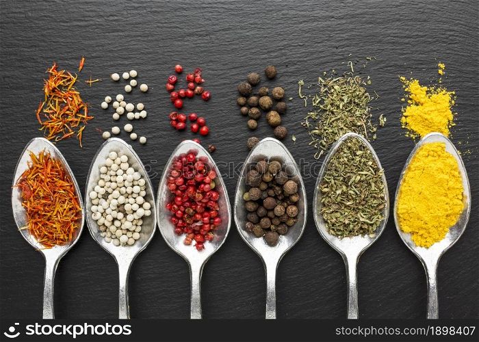 top view spoons with powder condiments. Resolution and high quality beautiful photo. top view spoons with powder condiments. High quality beautiful photo concept