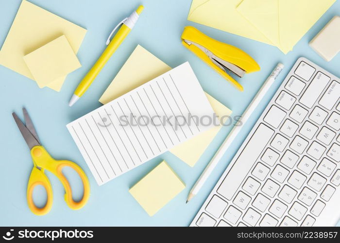 top view stationary arrangement blue background