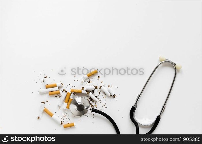 top view stethoscope with cigarettes. Beautiful photo. top view stethoscope with cigarettes
