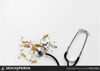 top view stethoscope with cigarettes. Beautiful photo. top view stethoscope with cigarettes
