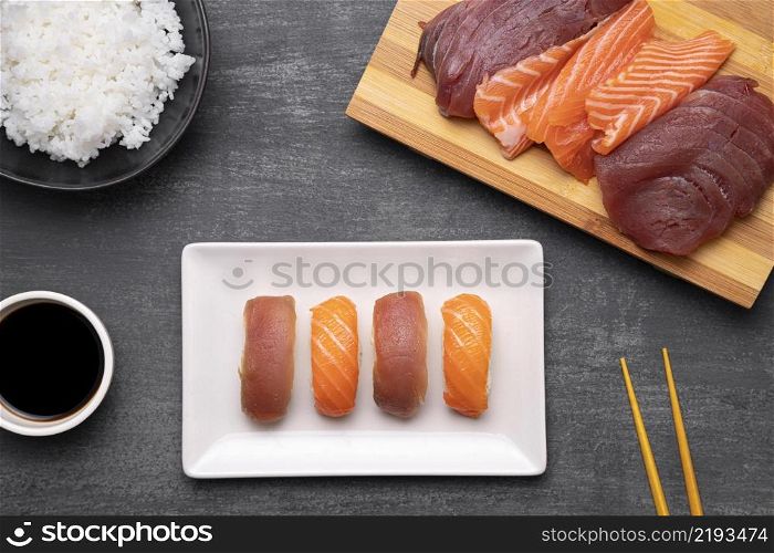 top view sushi arrangement plate