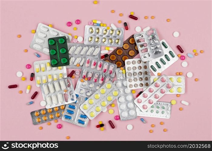 top view tablets with pills desk