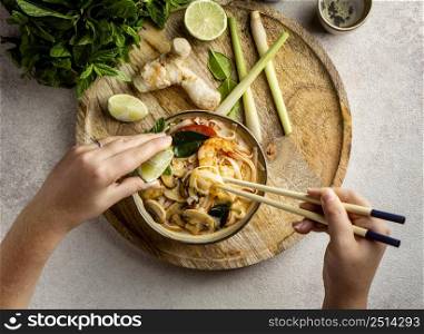top view tasty arrangement noodles table