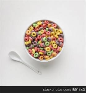 top view tasty colorful cereal bowl. Resolution and high quality beautiful photo. top view tasty colorful cereal bowl. High quality and resolution beautiful photo concept