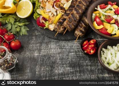 top view tasty kebabs other dishes with ingredients