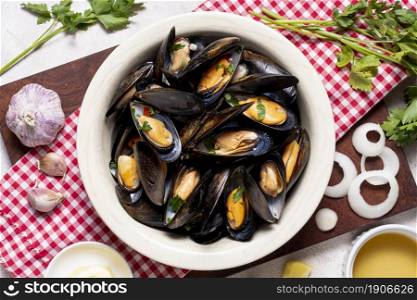 top view tasty mussel shells. High resolution photo. top view tasty mussel shells. High quality photo