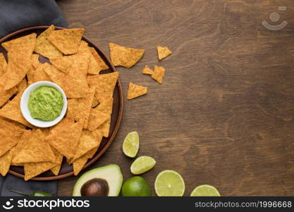 top view tasty nachos with fresh guacamole