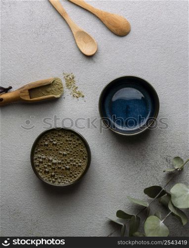top view tea cups powder arrangement