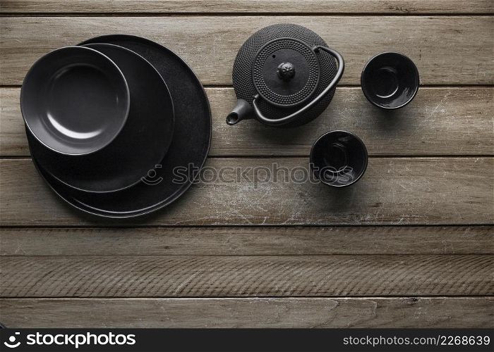 top view teapot with dishware