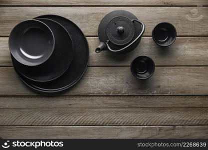 top view teapot with dishware