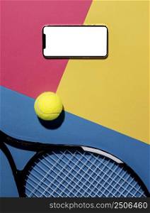 top view tennis ball with racket smartphone
