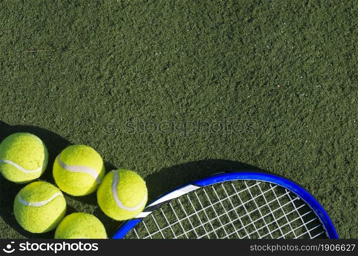 top view tennis balls racket. High resolution photo. top view tennis balls racket. High quality photo