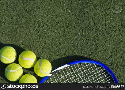 top view tennis balls racket. High resolution photo. top view tennis balls racket. High quality photo