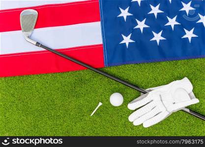 top view - the American flag and the equipment for golf