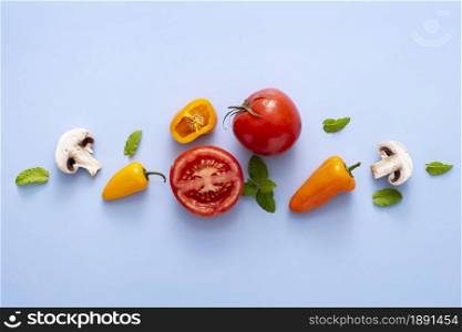 top view tomatoes mushrooms peppers. Resolution and high quality beautiful photo. top view tomatoes mushrooms peppers. High quality and resolution beautiful photo concept