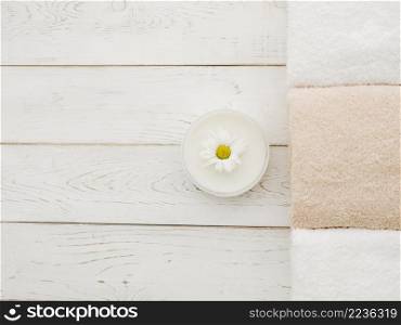 top view towels cream spa