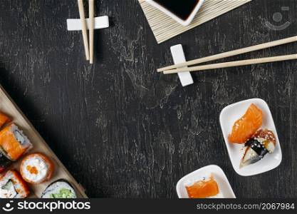 top view traditional japanese sushi with copy space