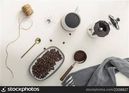 top view tray with coffee beans mug