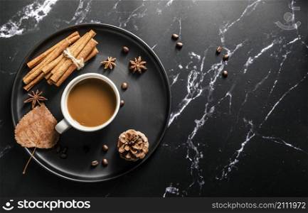 top view tray with cup coffee cinnamon sticks