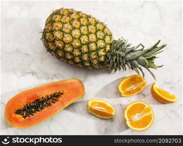 top view tropical fruit marble surface