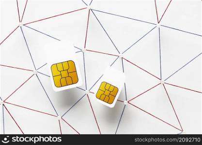 top view two sim cards with internet communication network