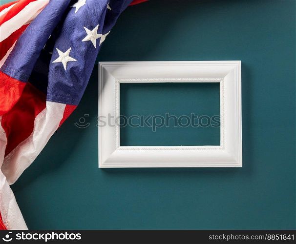 Top view USA flag for Memorial day on abstract blue background, Banner template design of presidents day concept, Above flag of United States American and photo frame, Happy Presidents Day
