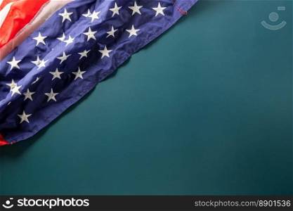 Top view USA flag for Memorial day on abstract blue background, Banner template design of presidents day concept, Above flag of United States American with copy space, Happy Presidents Day