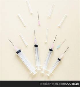 top view variety syringes with needles table