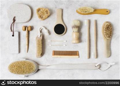 top view various natural hair brushes accessories