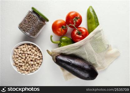 top view vegetables cloth bag