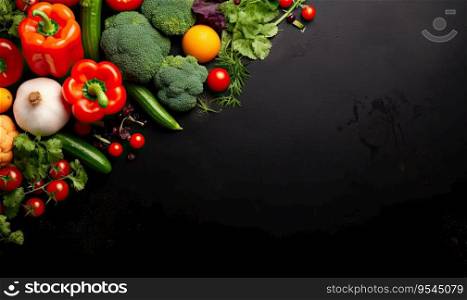 Top view vegetables on black background. Vegetarian organic food banner. Cooking ingredient - carrot, tomatoes, cucumber, pepper, broccoli, onion. Copy space. Created with generative AI tools. Top view vegetables on black background. Vegetarian organic food banner. Created by AI tools
