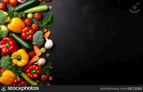 Top view vegetables on black background. Vegetarian organic food banner. Cooking ingredient - carrot, tomatoes, cucumber, pepper, broccoli, onion. Copy space. Created with generative AI tools. Top view vegetables on black background. Vegetarian organic food banner. Created by AI tools