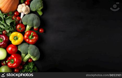 Top view vegetables on black background. Vegetarian organic food banner. Cooking ingredient - carrot, tomatoes, cucumber, pepper, broccoli, onion. Copy space. AI Generative. Top view vegetables on black background. Vegetarian organic food banner. AI Generative