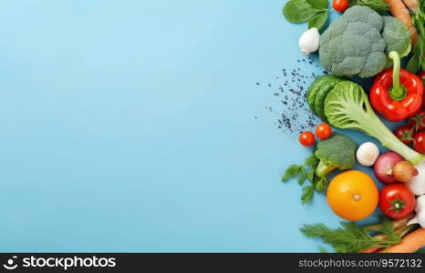 Top view vegetables on blue background. Cooking ingredient - carrot, tomatoes, cucumber, pepper, broccoli, onion. Vegetarian organic food banner. Copy space. Created with generative AI tools. Top view vegetables on blue background. Vegetarian organic food banner. Created by AI tools