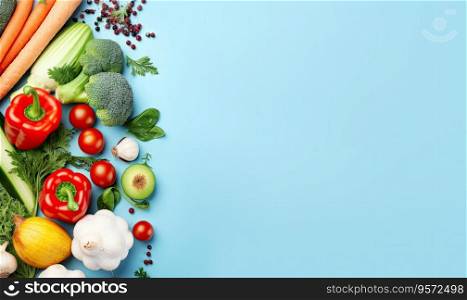Top view vegetables on blue background. Cooking ingredient - carrot, tomatoes, cucumber, pepper, broccoli, onion. Vegetarian organic food banner. Copy space. Created with generative AI tools. Top view vegetables on blue background. Vegetarian organic food banner. Created by AI tools