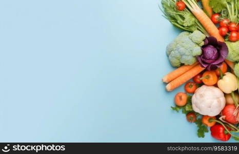 Top view vegetables on blue background. Cooking ingredient - carrot, tomatoes, cucumber, pepper, broccoli, onion. Vegetarian organic food banner. Copy space. Created with generative AI tools. Top view vegetables on blue background. Vegetarian organic food banner. Created by AI tools