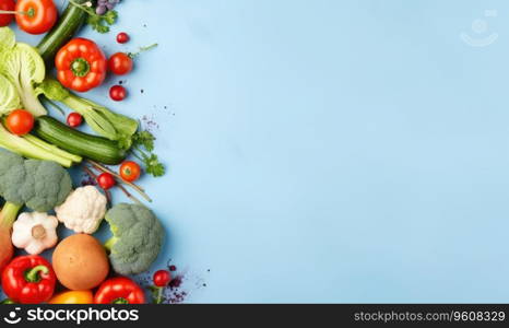 Top view vegetables on blue background. Cooking ingredient - carrot, tomatoes, cucumber, pepper, broccoli, onion. Vegetarian organic food banner. Copy space. Created with generative AI tools. Top view vegetables on blue background. Vegetarian organic food banner. Created by AI tools