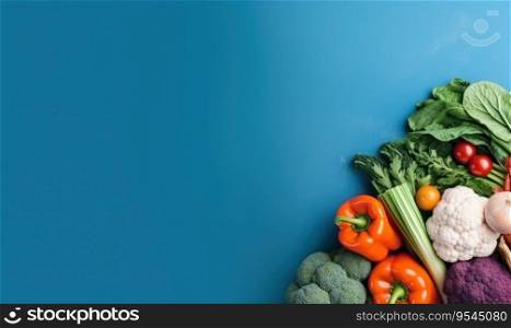 Top view vegetables on deep blue background. Copy space. Cooking ingredient - carrot, tomatoes, cucumber, pepper, broccoli, onion. Vegetarian organic food banner. Created with generative AI tools. Top view vegetables on deep blue background. Vegetarian organic food banner. Created by AI tools