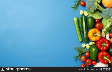 Top view vegetables on deep blue background. Copy space. Cooking ingredient - carrot, tomatoes, cucumber, pepper, broccoli, onion. Vegetarian organic food banner. Created with generative AI tools. Top view vegetables on deep blue background. Vegetarian organic food banner. Created by AI tools
