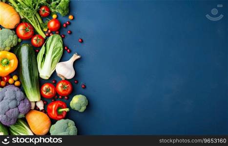 Top view vegetables on deep blue background. Copy space. Cooking ingredient - carrot, tomatoes, cucumber, pepper, broccoli, onion. Vegetarian organic food banner. AI Generative. Top view vegetables on deep blue background. Vegetarian organic food banner. AI Generative