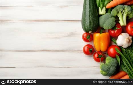 Top view vegetables on light wood background. Vegetarian organic food banner. Copy space. Cooking ingredient - carrot, tomatoes, cucumber, pepper, broccoli, onion. Created with generative AI tools. Top view vegetables on light wood background. Copy space. Vegetarian organic food banner. Created by AI tools