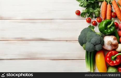 Top view vegetables on light wood background. Vegetarian organic food banner. Copy space. Cooking ingredient - carrot, tomatoes, cucumber, pepper, broccoli, onion. Created with generative AI tools. Top view vegetables on light wood background. Copy space. Vegetarian organic food banner. Created by AI tools