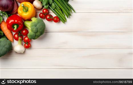 Top view vegetables on light wood background. Vegetarian organic food banner. Copy space. Cooking ingredient - carrot, tomatoes, cucumber, pepper, broccoli, onion. Created with generative AI tools. Top view vegetables on light wood background. Copy space. Vegetarian organic food banner. Created by AI tools