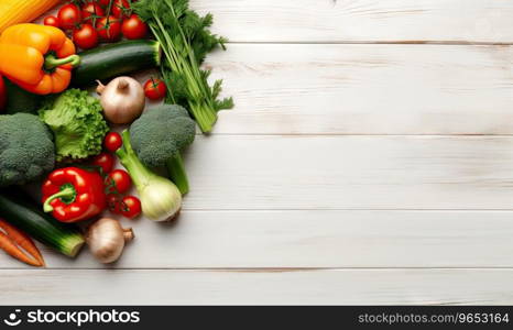 Top view vegetables on light wood background. Vegetarian organic food banner. Copy space. Cooking ingredient - carrot, tomatoes, cucumber, pepper, broccoli, onion. AI Generative. Top view vegetables on light wood background. AI Generative