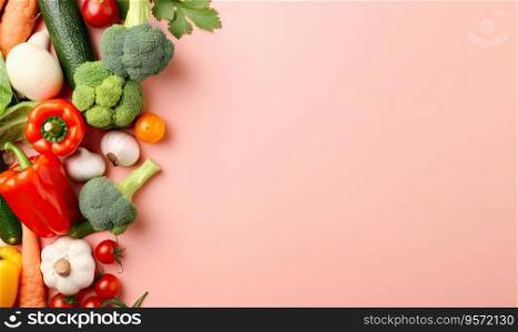 Top view vegetables on pink background. Copy space. Cooking ingredient - carrot, tomatoes, cucumber, pepper, broccoli, onion. Vegetarian organic food banner. Created with generative AI tools. Top view vegetables on pink background. Created by AI tools