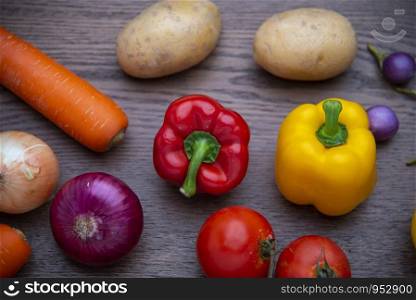 top view vegetables on wooden board